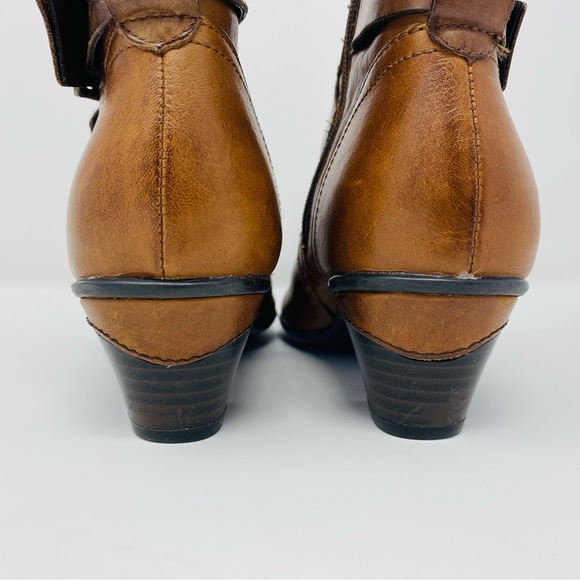 EARTH ODYSSEY 7B Heeled Ankle Booties Almond Tan Brown Leather Buckle Boho Y2K - Picture 6 of 16